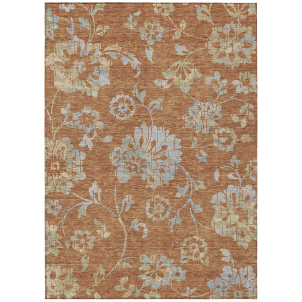 9' X 12' Orange Copper And Gray Floral Washable Indoor Outdoor Area Rug