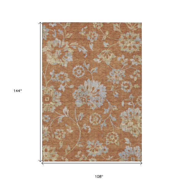 9' X 12' Orange Copper And Gray Floral Washable Indoor Outdoor Area Rug