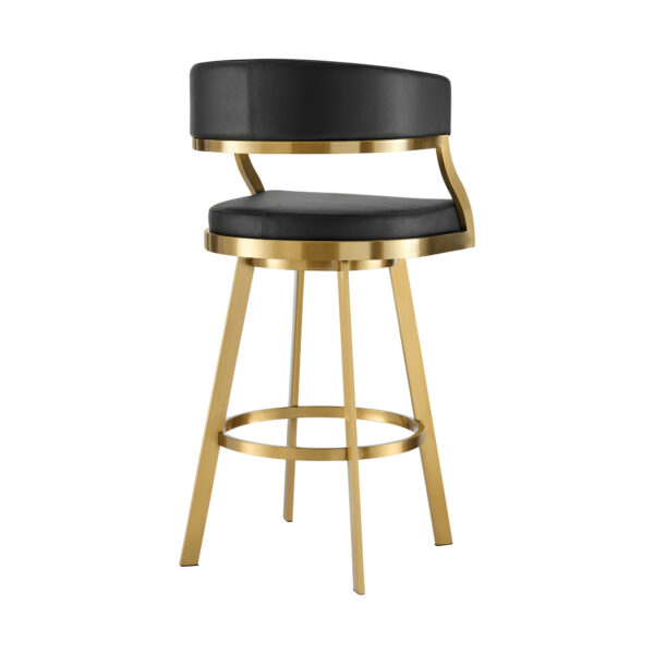 30" Black and Gold Faux Leather and Stainless Steel Low Back Bar Height Swivel Bar Chair