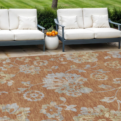 9' X 12' Orange Copper And Gray Floral Washable Indoor Outdoor Area Rug
