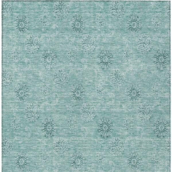 10' X 14' Teal Blue And Ivory Floral Washable Indoor Outdoor Area Rug