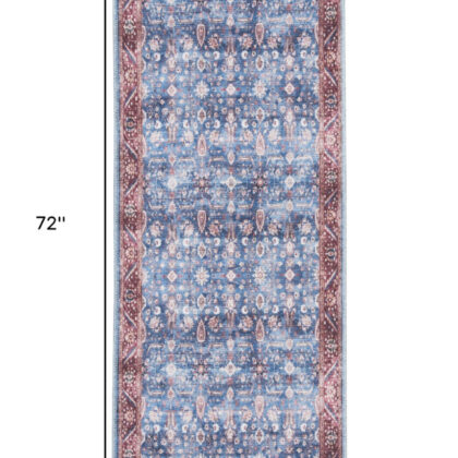 6' Blue and Red Oriental Power Loom Distressed Washable Non Skid Runner Rug