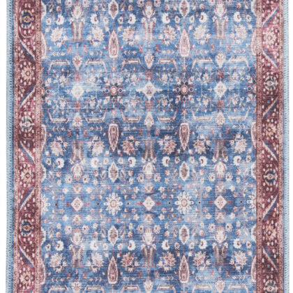 6' Blue and Red Oriental Power Loom Distressed Washable Non Skid Runner Rug