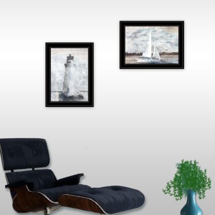 Set Of Two Lighthouse Sailboat Black Framed Print Wall Art