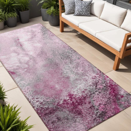 8' Runner Pink Abstract Washable Non Skid Indoor Outdoor Runner Rug