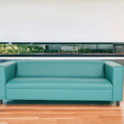 84" Blue Faux Leather And Black Sofa