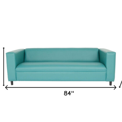 84" Blue Faux Leather And Black Sofa