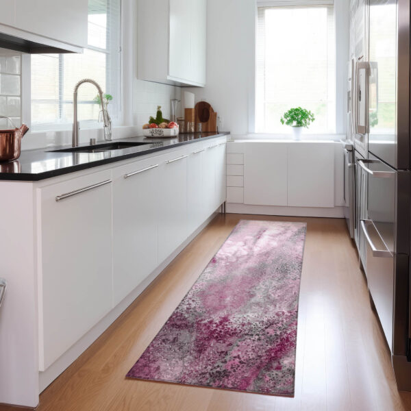 8' Runner Pink Abstract Washable Non Skid Indoor Outdoor Runner Rug
