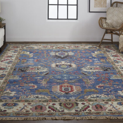 10' X 13' Blue And Red Wool Floral Hand Knotted Stain Resistant Area Rug