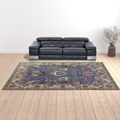 10' X 13' Blue And Red Wool Floral Hand Knotted Stain Resistant Area Rug