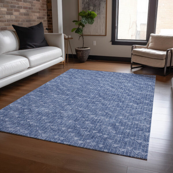 3' X 5' Navy Blue Geometric Washable Non Skid Indoor Outdoor Area Rug