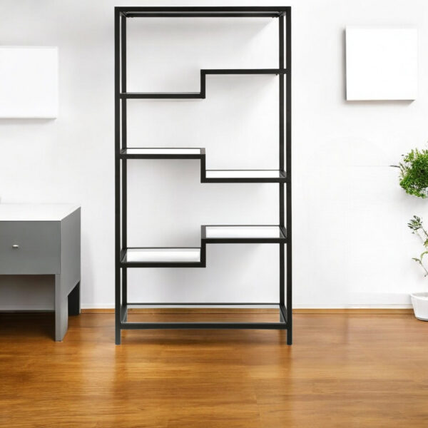 Black Metal and Glass Seven Tier Etagere Bookcase
