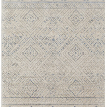 4' X 6' Ivory And Blue Geometric Power Loom Distressed Area Rug