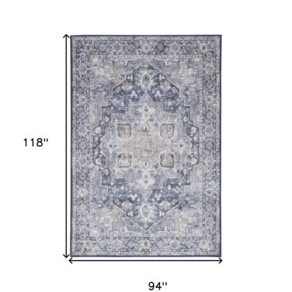 8' X 10' Blue And Pink Floral Power Loom Distressed Washable Area Rug