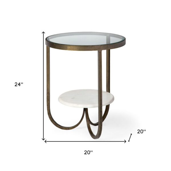 Round Glass Top Metal Side Table With Marble Shelf On Bottom
