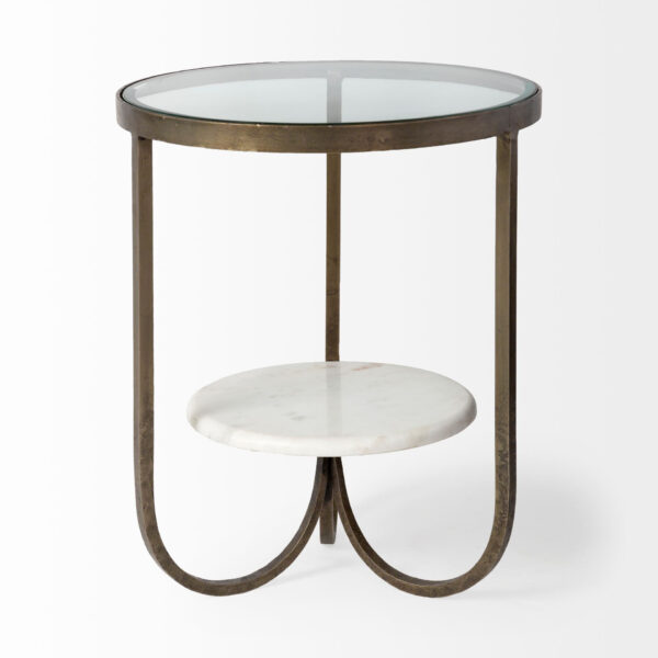 Round Glass Top Metal Side Table With Marble Shelf On Bottom