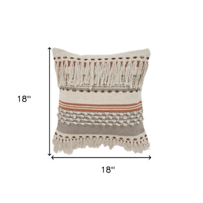 18" X 18" Beige and Red Striped Cotton Zippered Pillow With Fringe