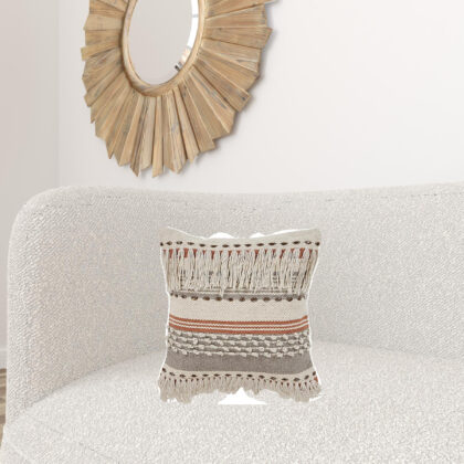 18" X 18" Beige and Red Striped Cotton Zippered Pillow With Fringe