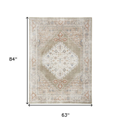 5' x 7' Sage Oriental Power Loom Distressed Washable Area Rug