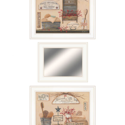 Set Of Three Wash Room White Frame Bathroom Wall Art and Mirror