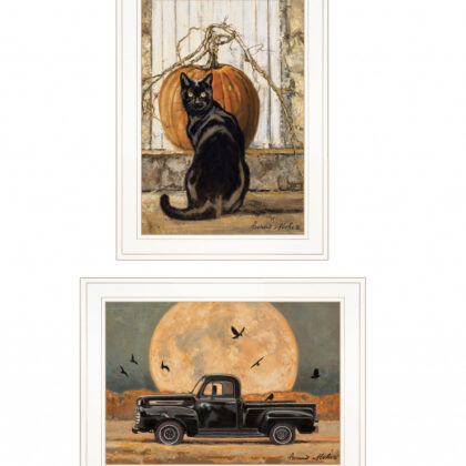 Set Of Two Harvest Moon With A Black Cat And Truck 1 White Framed Print Wall Art
