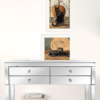 Set Of Two Harvest Moon With A Black Cat And Truck 1 White Framed Print Wall Art