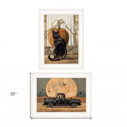 Set Of Two Harvest Moon With A Black Cat And Truck 1 White Framed Print Wall Art