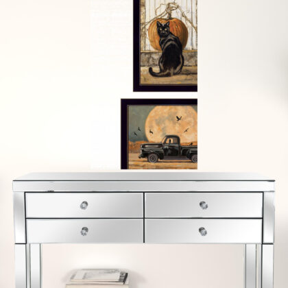 Set Of Two Harvest Moon With A Black Cat And Truck 3 Black Framed Print Wall Art