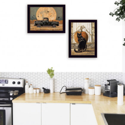 Set Of Two Harvest Moon With A Black Cat And Truck 3 Black Framed Print Wall Art