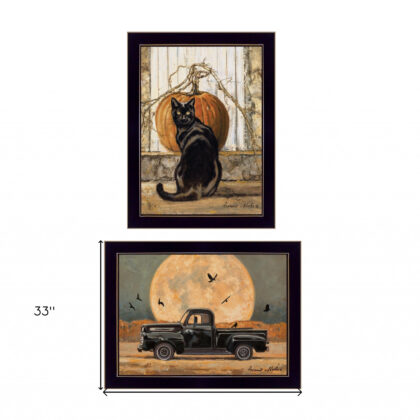 Set Of Two Harvest Moon With A Black Cat And Truck 3 Black Framed Print Wall Art