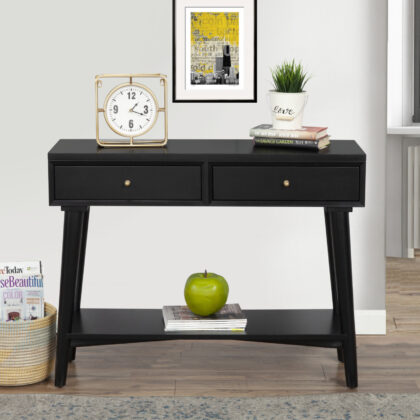 42" Black Floor Shelf Console Table With Shelves And Drawers