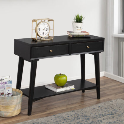 42" Black Floor Shelf Console Table With Shelves And Drawers