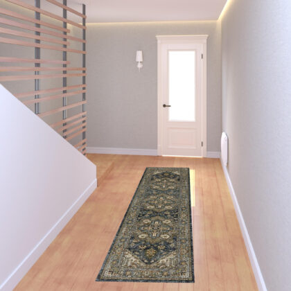 8' Blue and Green Oriental Power Loom Runner Rug