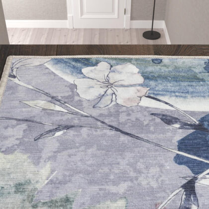 10' Ivory Blue and Gray Floral Power Loom Washable Non Skid Runner Rug