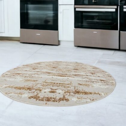 4' Beige Round Abstract Washable Non Skid Area Rug