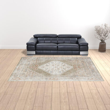 9' x 12' Khaki Oriental Power Loom Distressed Washable Area Rug
