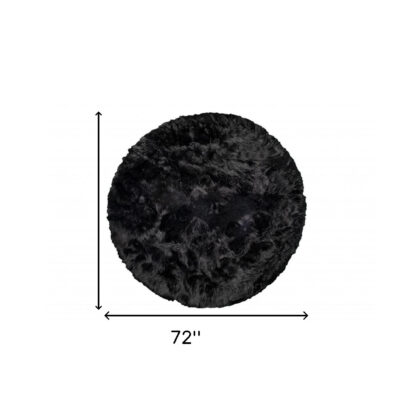 6' X 6' Black Round Faux Fur Washable Non Skid Area Rug
