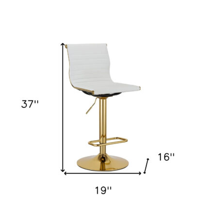 Set of Two White and Gold Faux Leather and Metal Low Back Adjustable Height Bar Chairs