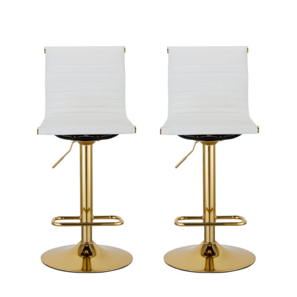 Set of Two White and Gold Faux Leather and Metal Low Back Adjustable Height Bar Chairs