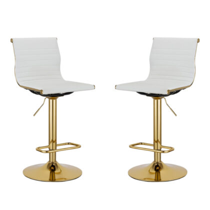 Set of Two White and Gold Faux Leather and Metal Low Back Adjustable Height Bar Chairs
