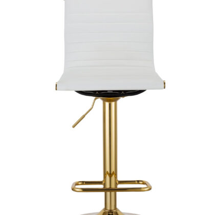 Set of Two White and Gold Faux Leather and Metal Low Back Adjustable Height Bar Chairs