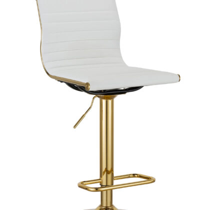 Set of Two White and Gold Faux Leather and Metal Low Back Adjustable Height Bar Chairs