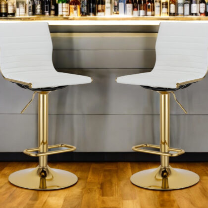 Set of Two White and Gold Faux Leather and Metal Low Back Adjustable Height Bar Chairs