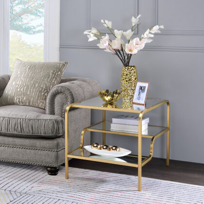 23" Gold And Clear Glass End Table With Two Shelves