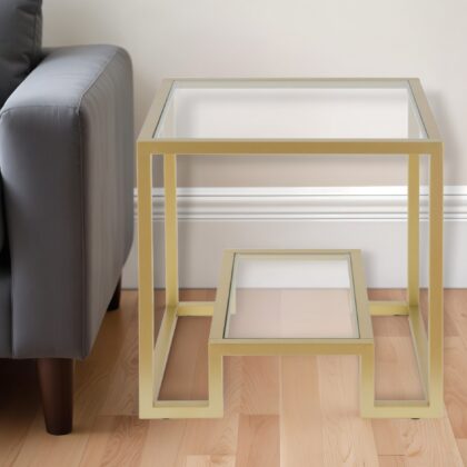 22" Brass And Clear Glass And Steel Square End Table With Shelf