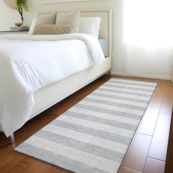8' Runner Gray and Ivory Striped Washable Non Skid Indoor Outdoor Runner Rug