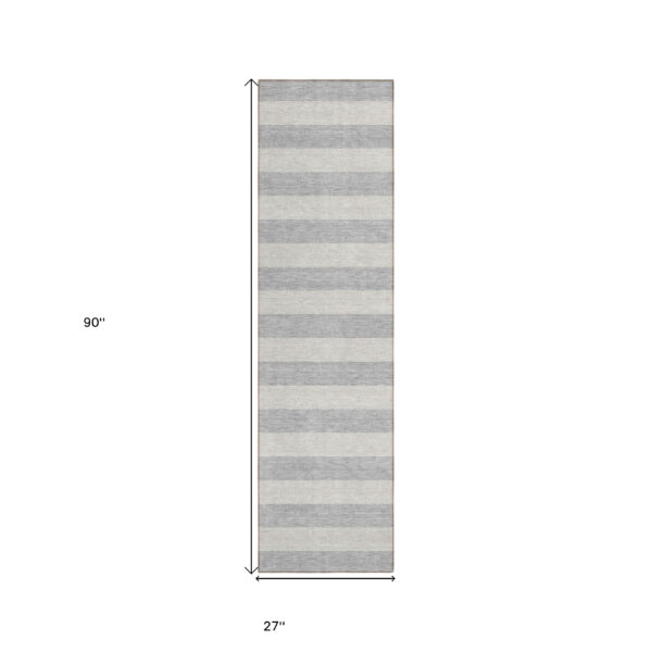 8' Runner Gray and Ivory Striped Washable Non Skid Indoor Outdoor Runner Rug