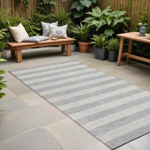 8' Runner Gray and Ivory Striped Washable Non Skid Indoor Outdoor Runner Rug