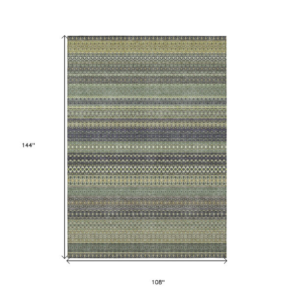 9' X 12' Sage Striped Washable Non Skid Indoor Outdoor Area Rug