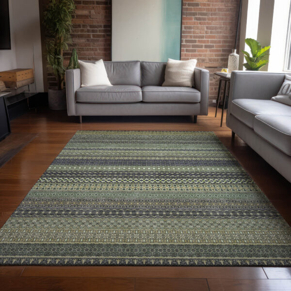 9' X 12' Sage Striped Washable Non Skid Indoor Outdoor Area Rug